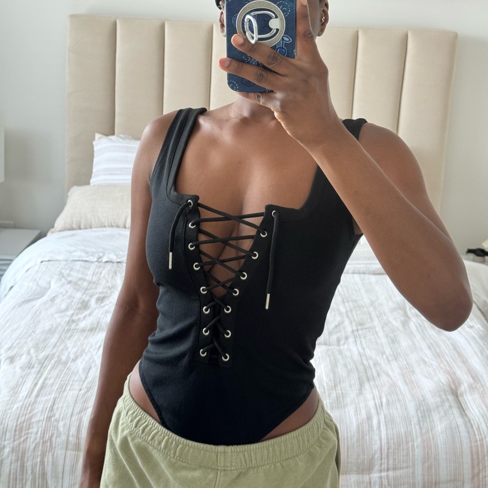 Maniere De Voir Black Lace-Up Bodysuit